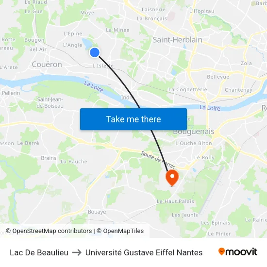 Lac De Beaulieu to Université Gustave Eiffel Nantes map