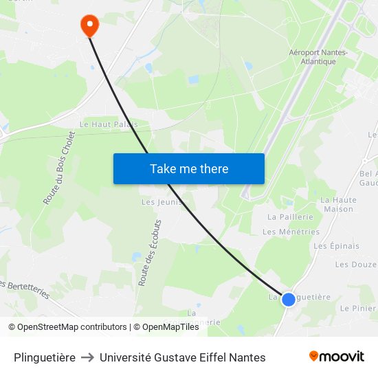 Plinguetière to Université Gustave Eiffel Nantes map