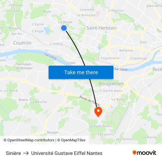 Sinière to Université Gustave Eiffel Nantes map