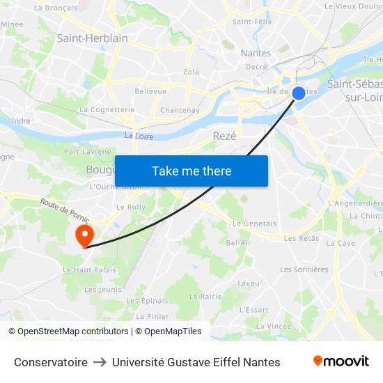 Conservatoire to Université Gustave Eiffel Nantes map