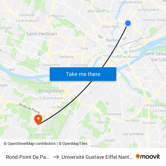 Rond-Point De Paris to Université Gustave Eiffel Nantes map