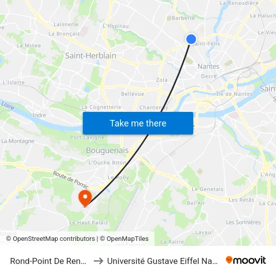 Rond-Point De Rennes to Université Gustave Eiffel Nantes map