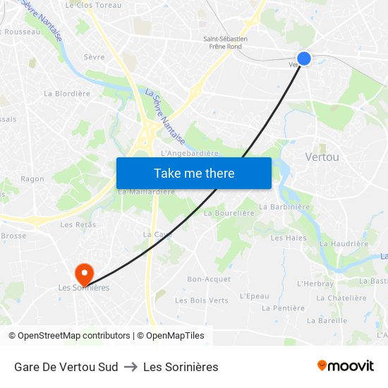 Gare De Vertou Sud to Les Sorinières map