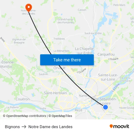Bignons to Notre Dame des Landes map