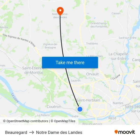 Beauregard to Notre Dame des Landes map