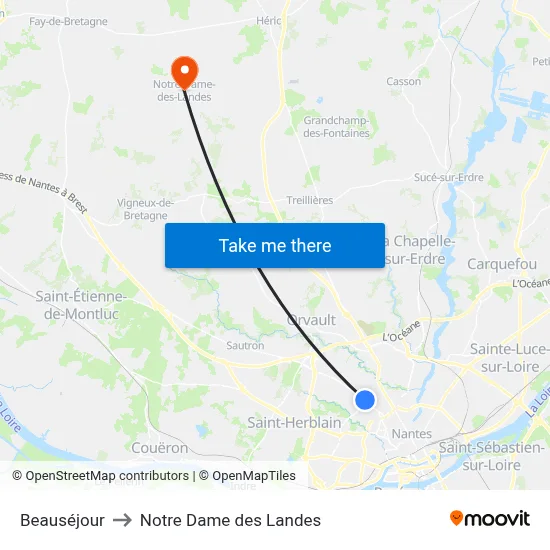 Beauséjour to Notre Dame des Landes map