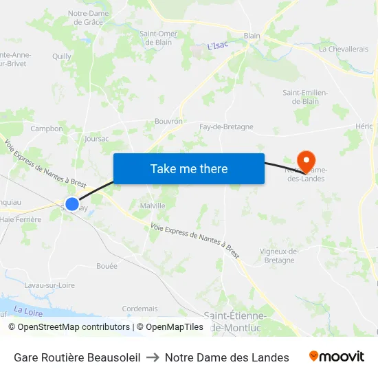 Gare Routière Beausoleil to Notre Dame des Landes map