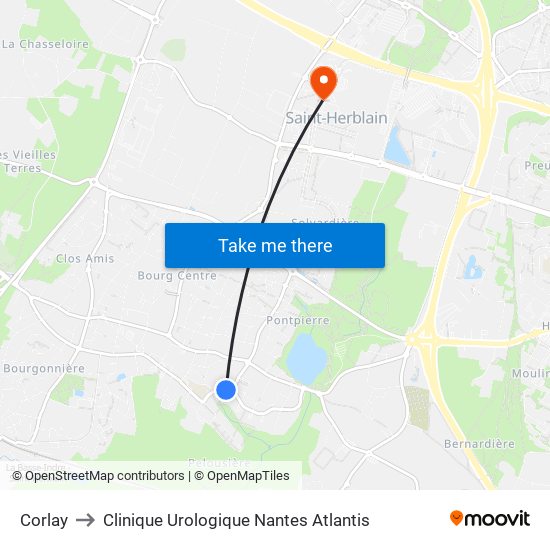 Corlay to Clinique Urologique Nantes Atlantis map