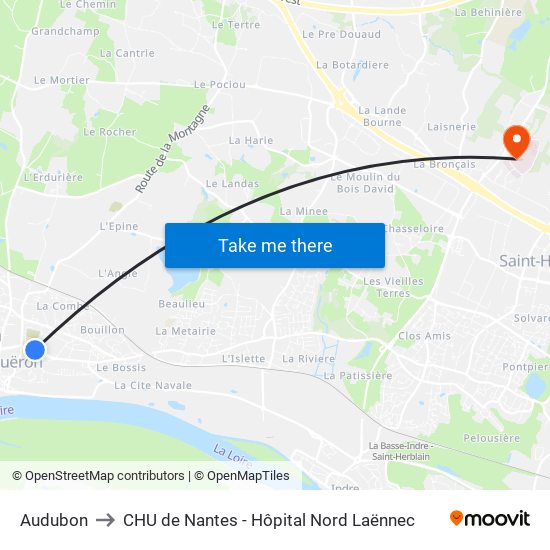 Audubon to CHU de Nantes - Hôpital Nord Laënnec map