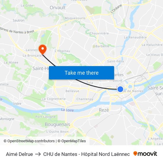 Aimé Delrue to CHU de Nantes - Hôpital Nord Laënnec map