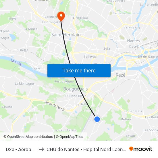 D2a - Aéroport to CHU de Nantes - Hôpital Nord Laënnec map