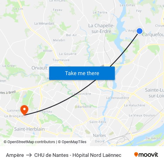 Ampère to CHU de Nantes - Hôpital Nord Laënnec map