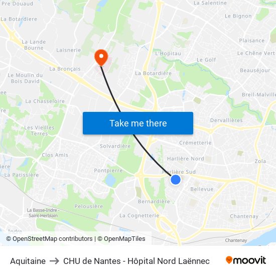 Aquitaine to CHU de Nantes - Hôpital Nord Laënnec map
