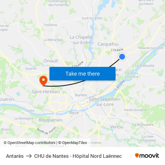 Antarès to CHU de Nantes - Hôpital Nord Laënnec map