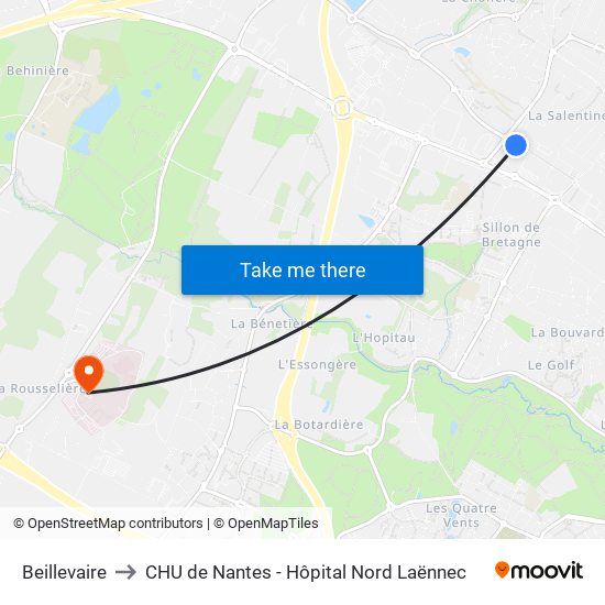 Beillevaire to CHU de Nantes - Hôpital Nord Laënnec map