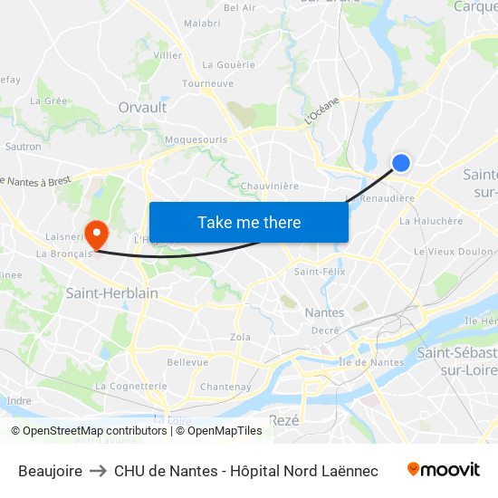 Beaujoire to CHU de Nantes - Hôpital Nord Laënnec map