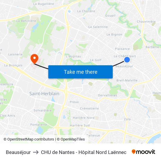 Beauséjour to CHU de Nantes - Hôpital Nord Laënnec map
