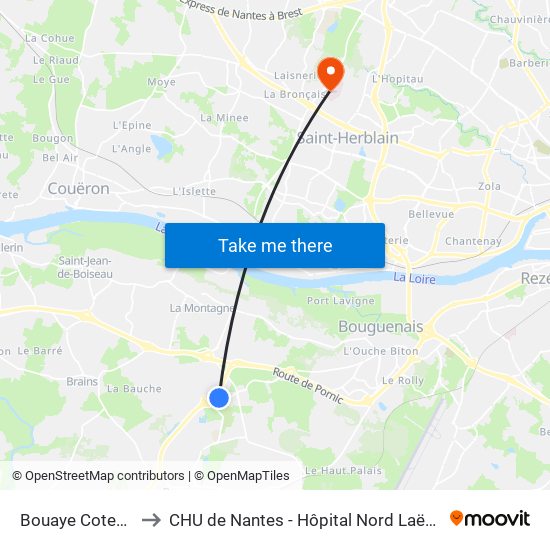 Bouaye Coteaux to CHU de Nantes - Hôpital Nord Laënnec map