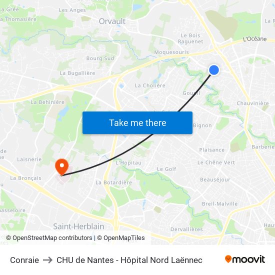 Conraie to CHU de Nantes - Hôpital Nord Laënnec map