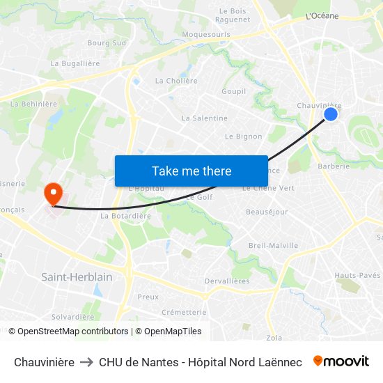 Chauvinière to CHU de Nantes - Hôpital Nord Laënnec map