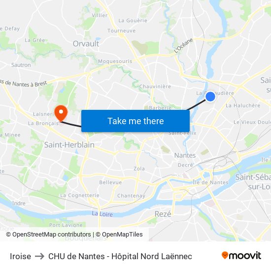 Iroise to CHU de Nantes - Hôpital Nord Laënnec map