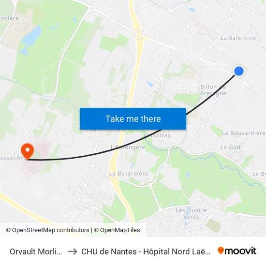 Orvault Morlière to CHU de Nantes - Hôpital Nord Laënnec map