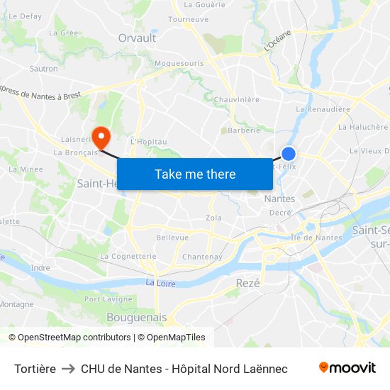 Tortière to CHU de Nantes - Hôpital Nord Laënnec map