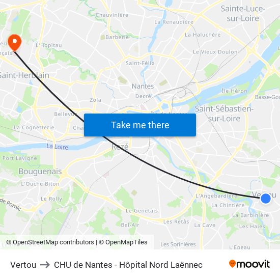 Vertou to CHU de Nantes - Hôpital Nord Laënnec map