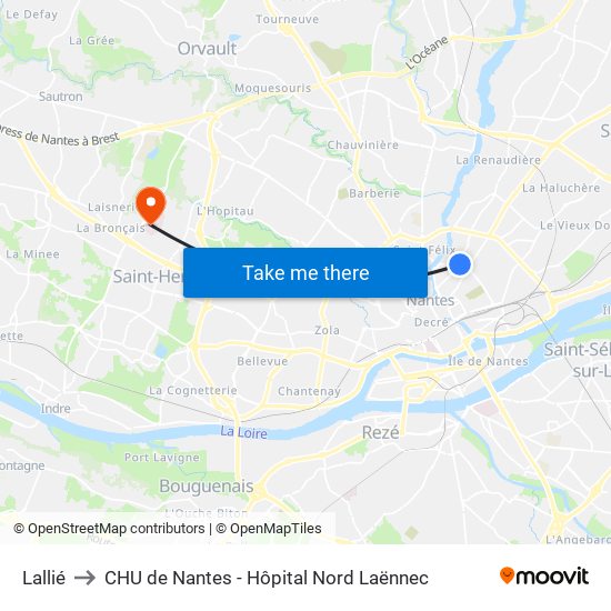 Lallié to CHU de Nantes - Hôpital Nord Laënnec map