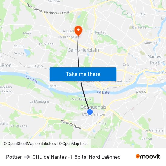Pottier to CHU de Nantes - Hôpital Nord Laënnec map