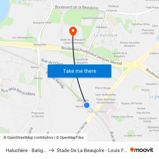 Haluchère-Batignolles to Stade De La Beaujoire - Louis Fonteneau map