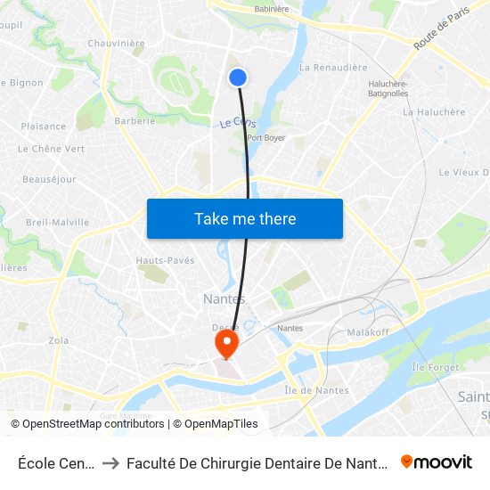 École Centrale - Audencia to Faculté De Chirurgie Dentaire De Nantes Et Centre De Soins Dentaires Du Chu De Nantes map