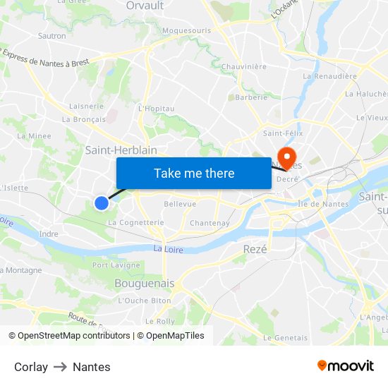 Corlay to Nantes map
