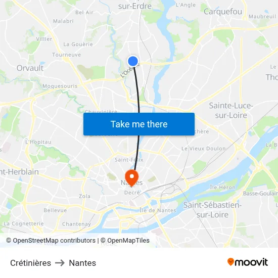 Crétinières to Nantes map