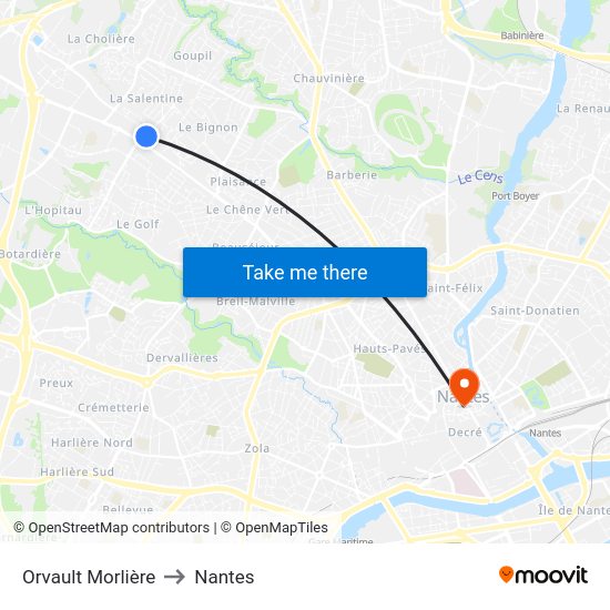 Orvault Morlière to Nantes map