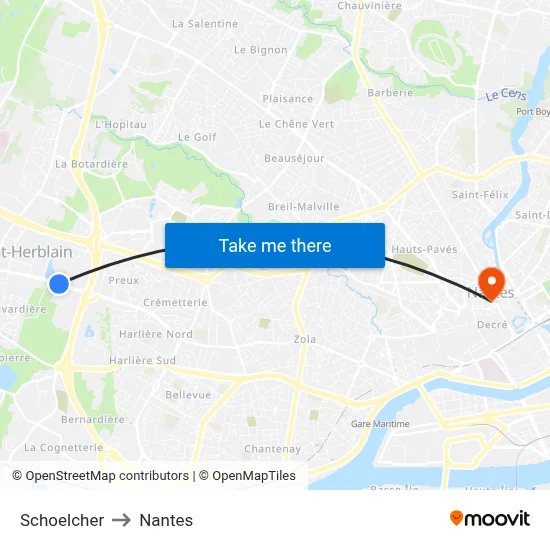 Schoelcher to Nantes map