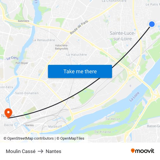 Moulin Cassé to Nantes map