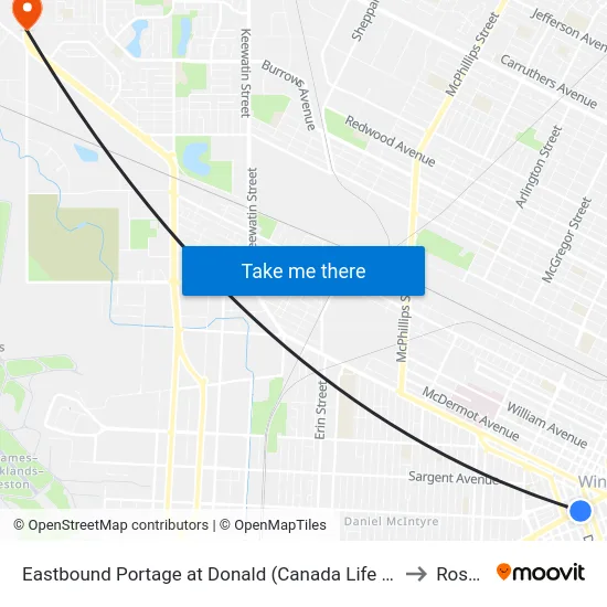 Eastbound Portage at Donald (Canada Life Centre) to Rosser map