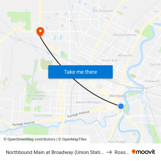 Northbound Main at Broadway (Union Station) to Rosser map