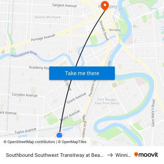 Southbound Southwest Transitway at Beaumont Station to Winnipeg map