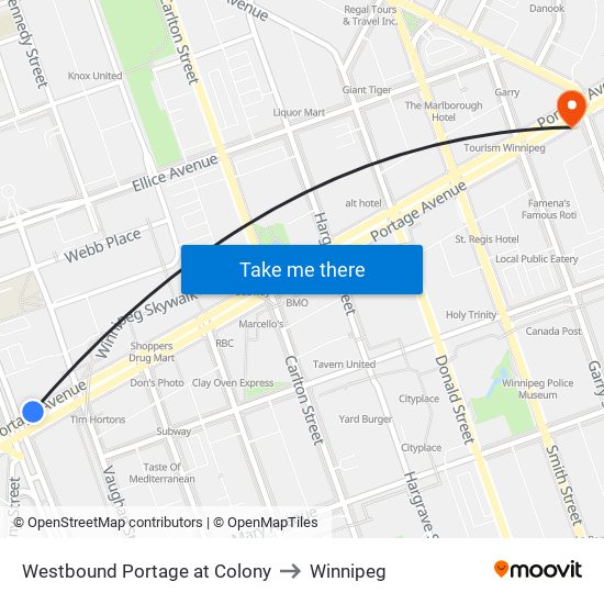 Westbound Portage at Colony to Winnipeg map