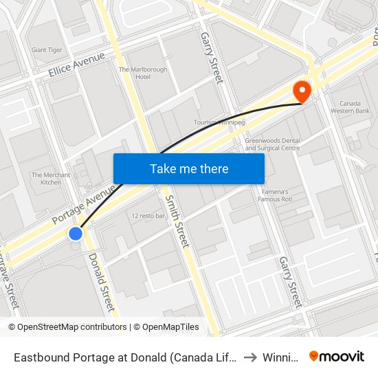 Eastbound Portage at Donald (Canada Life Centre) to Winnipeg map