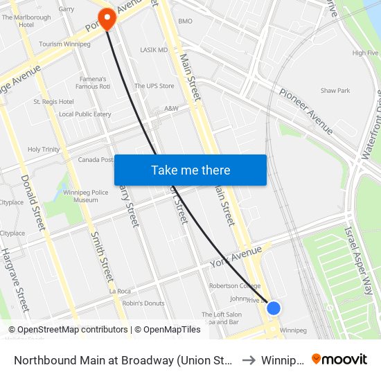 Northbound Main at Broadway (Union Station) to Winnipeg map