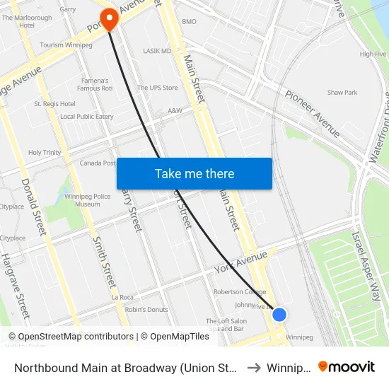 Northbound Main at Broadway (Union Station) to Winnipeg map