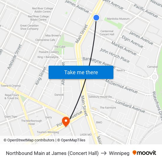 Northbound Main at James (Concert Hall) to Winnipeg map