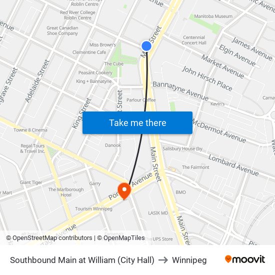 Southbound Main at William (City Hall) to Winnipeg map