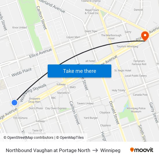 Northbound Vaughan at Portage North to Winnipeg map