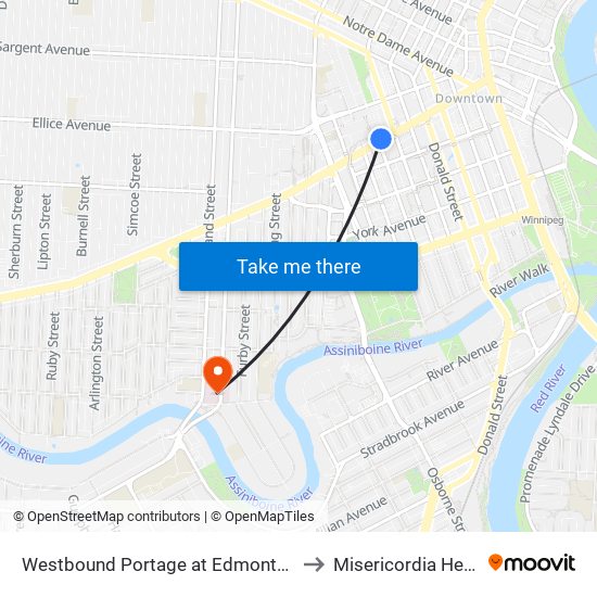 Westbound Portage at Edmonton (Portage Place) to Misericordia Health Centre map