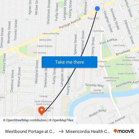 Westbound Portage at Colony to Misericordia Health Centre map