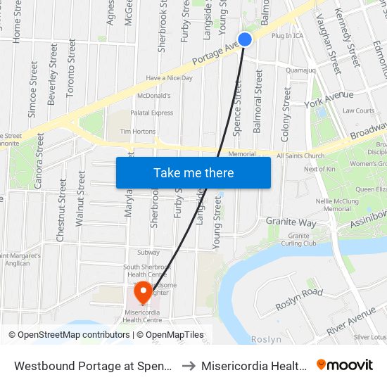 Westbound Portage at Spence (U Of W) to Misericordia Health Centre map